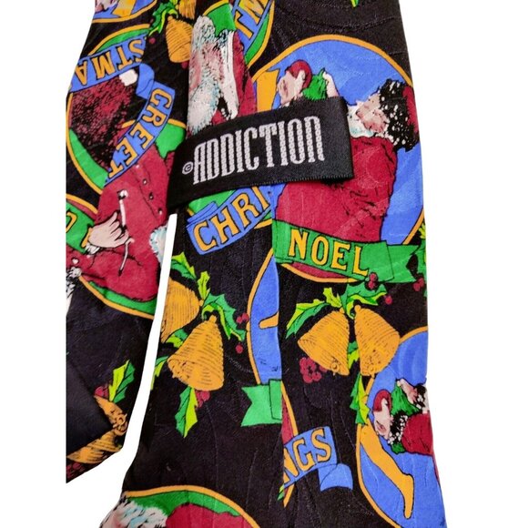 Addiction Men's Christmas Silk Tie Santa Clause Tree  Black Greetings Noel Bells - Picture 3 of 4